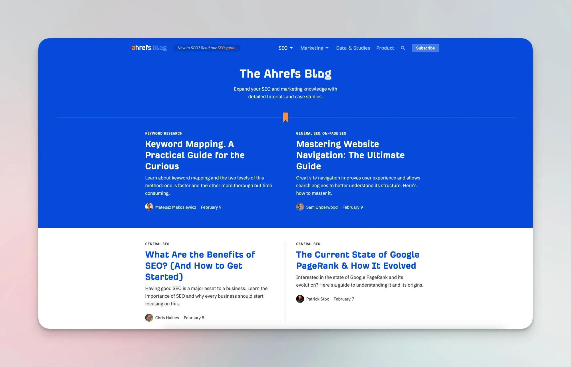 Ahref's blog home page with featured posts