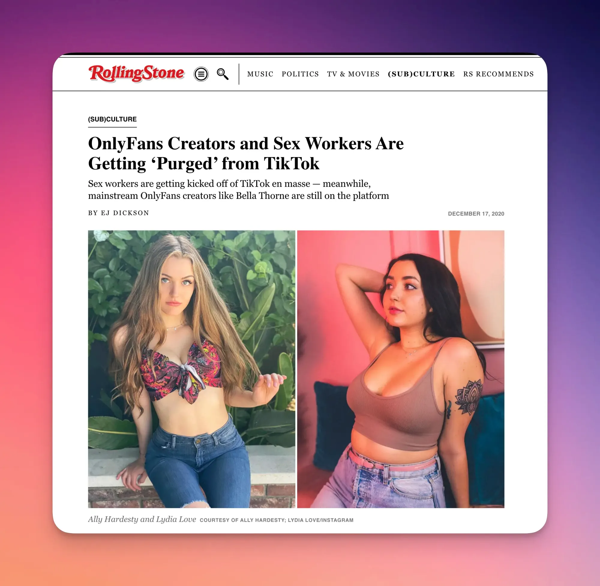 screenshot of article that displays two onlyfans creators